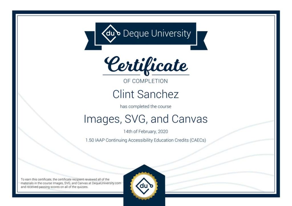 Clint Sanchez Images SVG and Canvas Course Completion Certificate 1