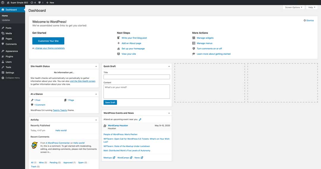 new wordpress dashboard for super simple seo class