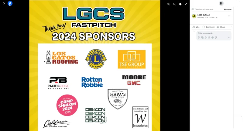 facebook post for softball team highlighting sponsors