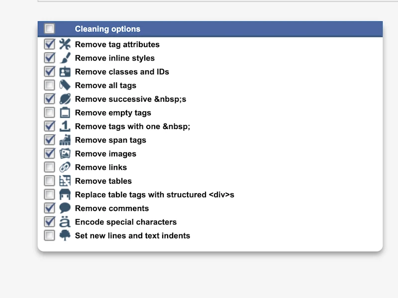 html cleaner cleaning options